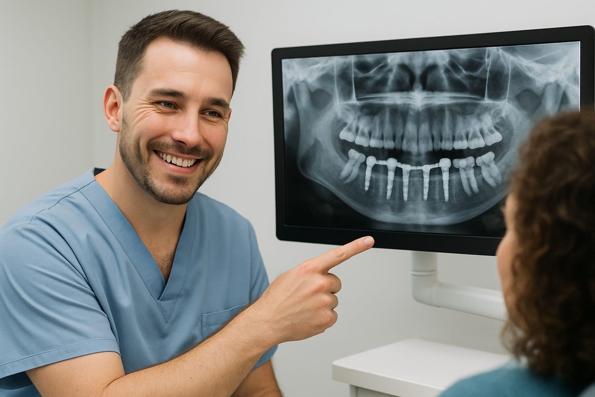 Image of a dentist smiling while pointing to a digital x-ray of All-On-4 dental implants. The x-ray is in front of a patient. No text on the image.