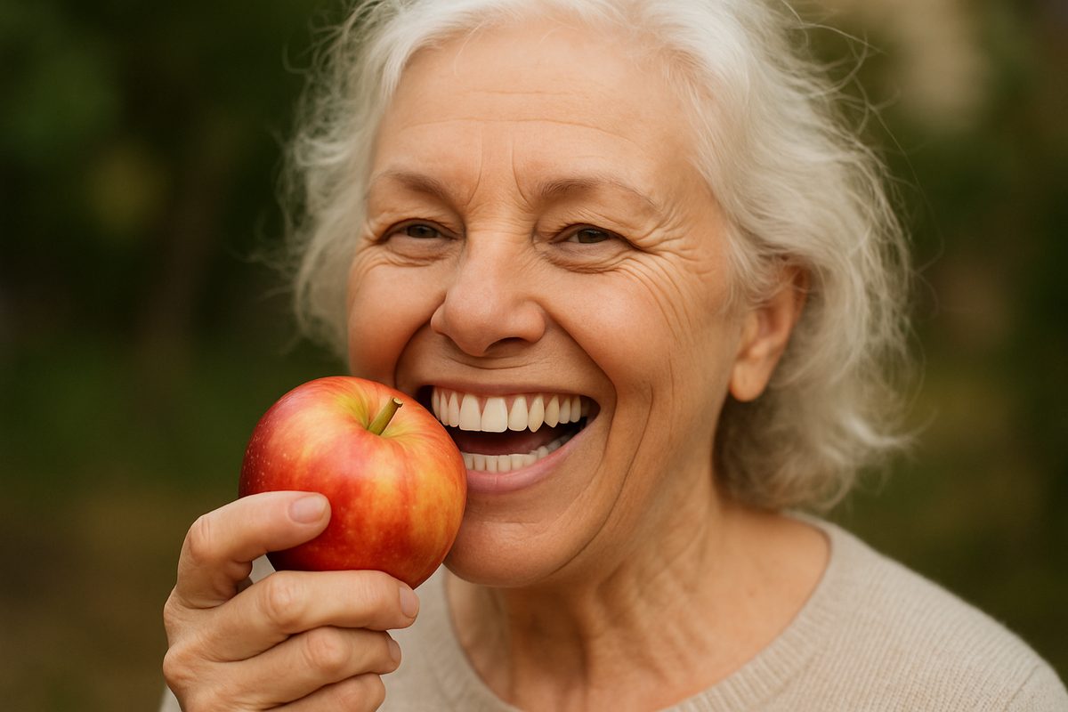 Photo of a smiling senior woman with a full set of upper dental implants, confidently eating an apple. No text on image.