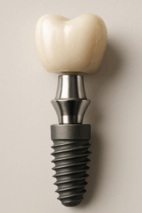Close up shot of the three main parts of an implant: the implant fixture, the abutment, and the crown. The abutment is connecting the implant fixture and the crown. No text on image.