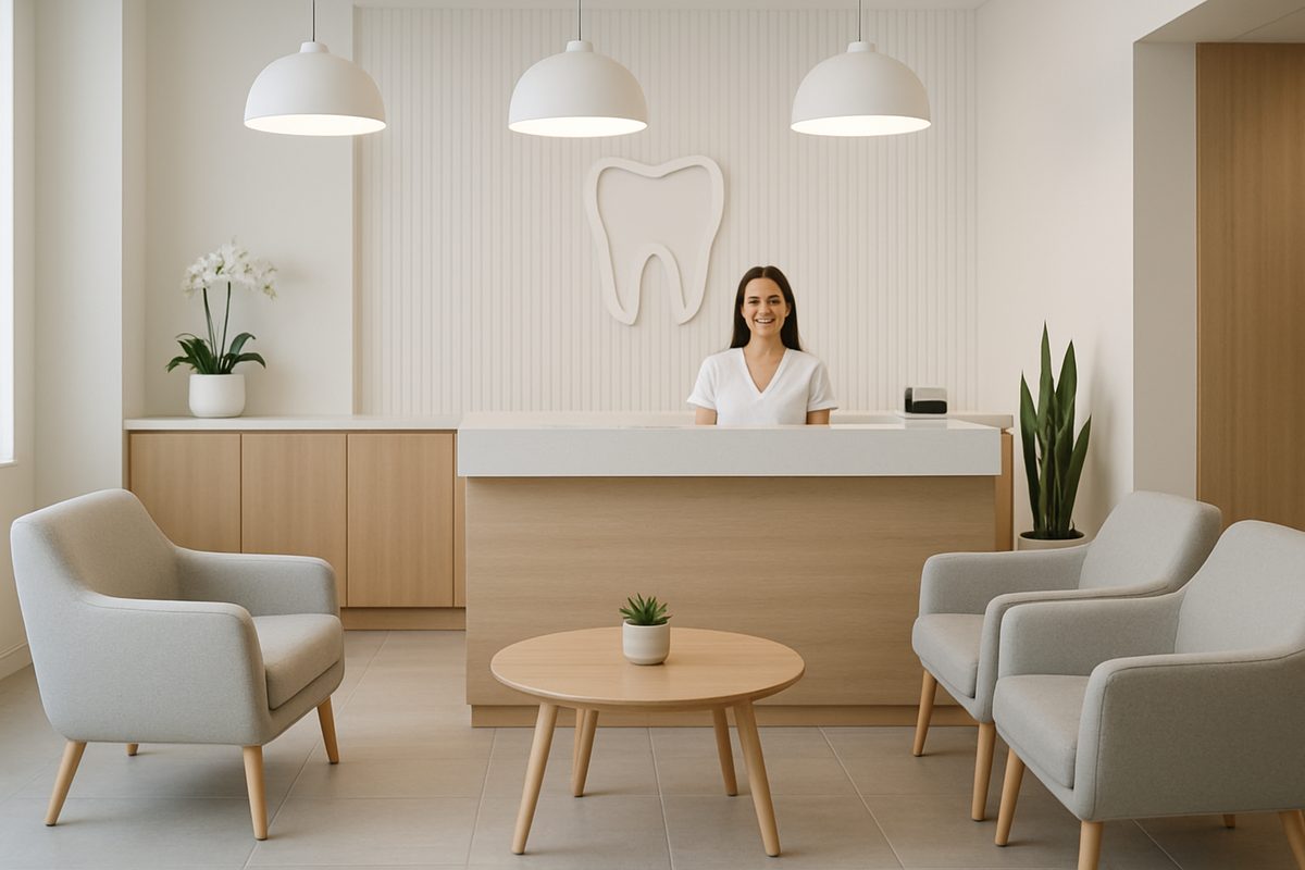 A modern and clean dental office reception area with comfortable seating, a friendly receptionist, and subtle, modern decor. No text on the image.