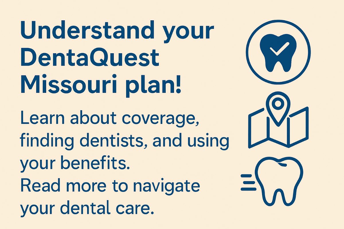 A woman on her laptop is researching "DentaQuest Missouri" on their website. The website shows plan details, covered services, and a provider search tool. No text on the image.