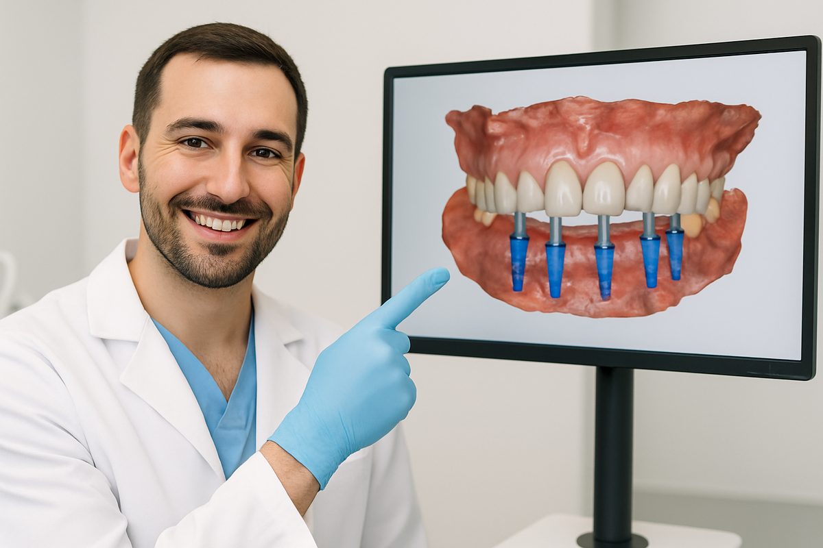 Image of a dentist smiling and pointing to a digital 3D scan of a patient's mouth, illustrating All-on-4 dental implant planning. No text on image.