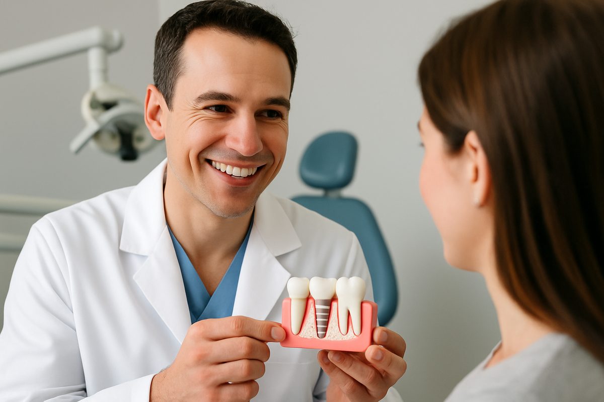Close-up image of a dentist smiling and consulting with a patient about dental implant eligibility. No text on image.