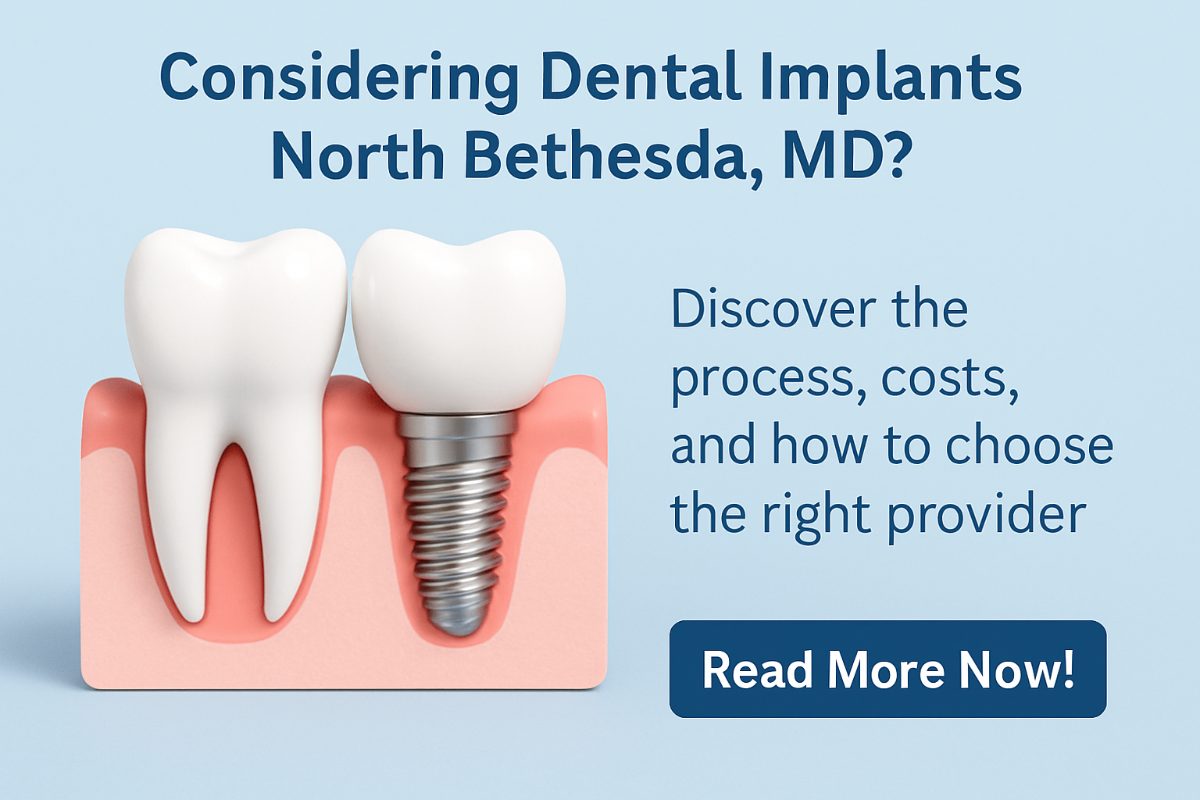 Close up image of dental implants being placed in a patient's mouth in North Bethesda, MD. No text on the image.