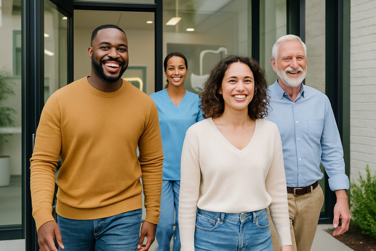 A diverse group of smiling people are happily exiting a modern dental clinic, showcasing a welcoming and positive atmosphere. No text on image.
