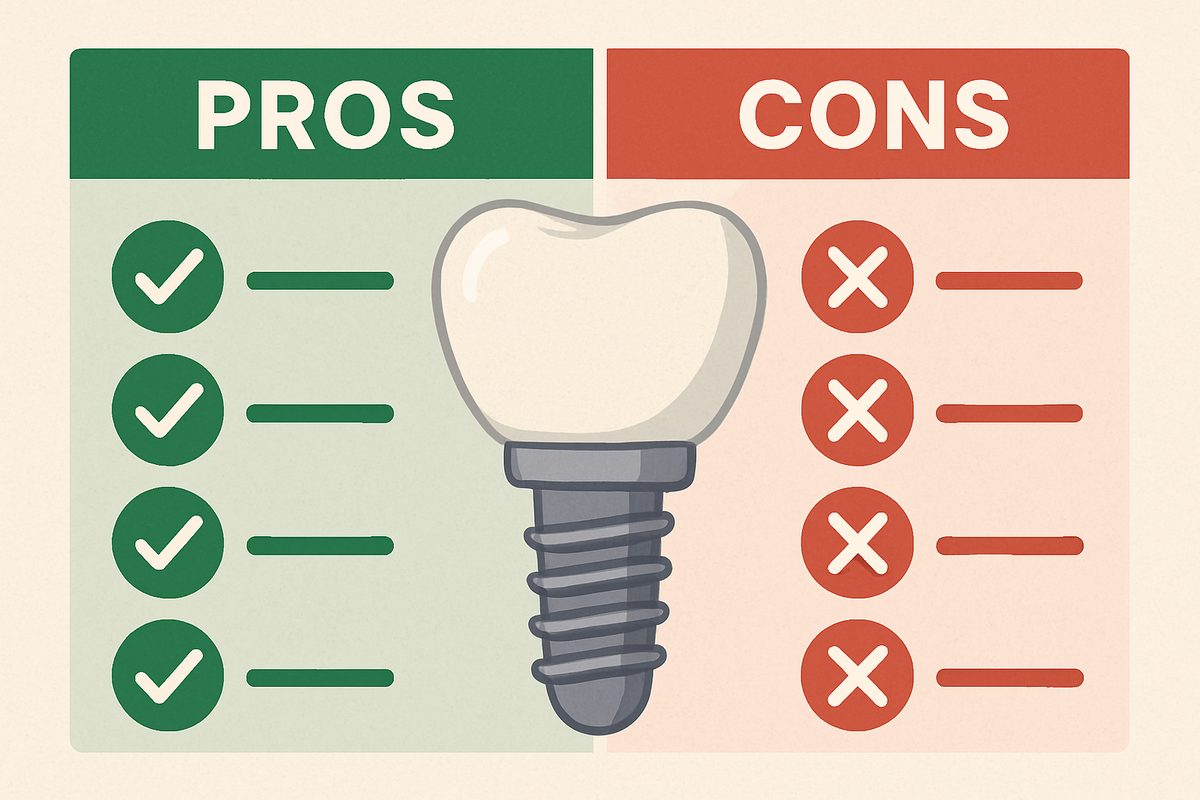 A side-by-side comparison chart illustrating the "Pros and Cons of Tooth Implants" with checkmarks for pros and X marks for cons, with a tooth implant in the background. No text on the image.