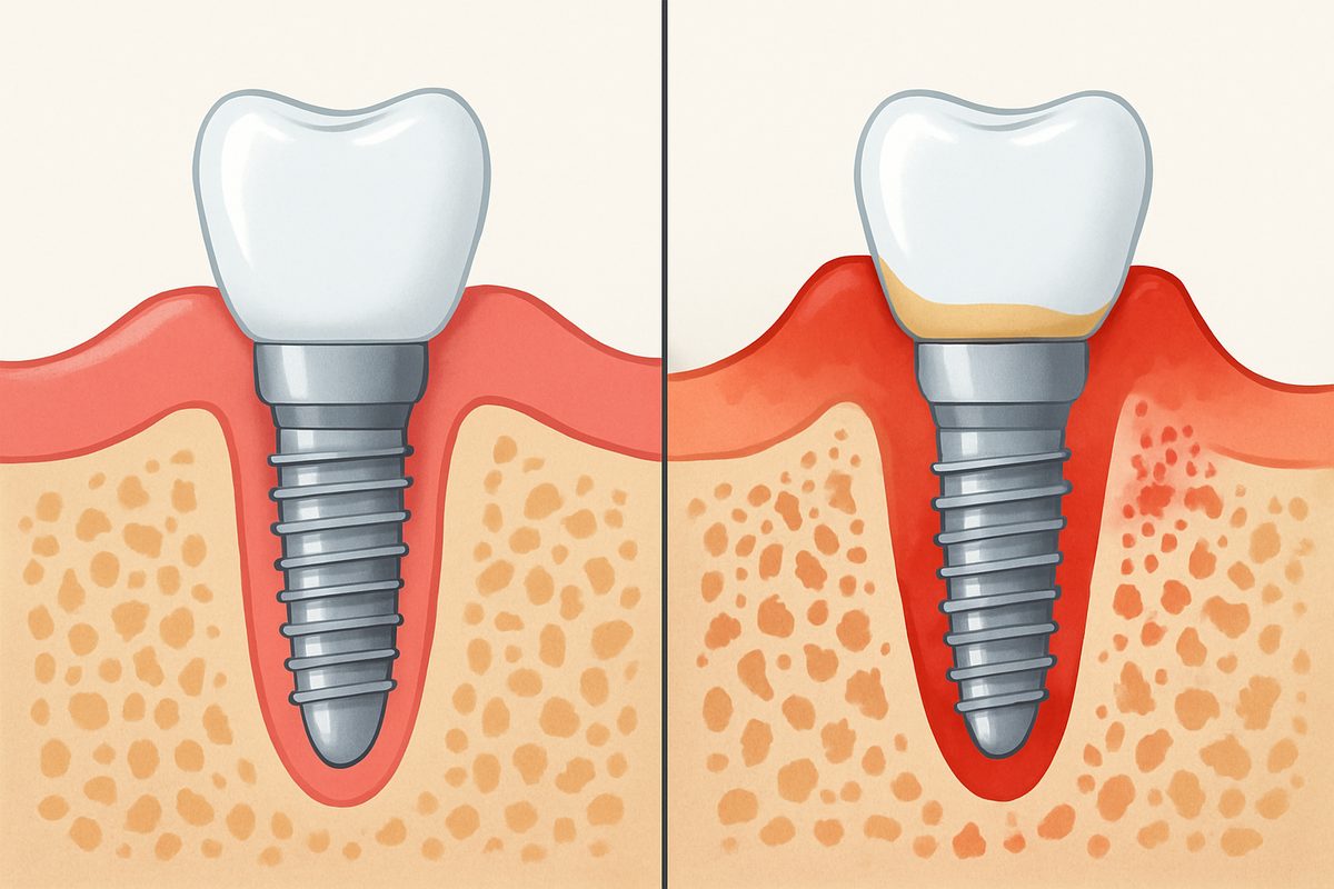 An infographic comparing a healthy dental implant in a jawbone to one suffering from peri-implantitis, highlighting the differences in gum health and bone structure. No text on the image.