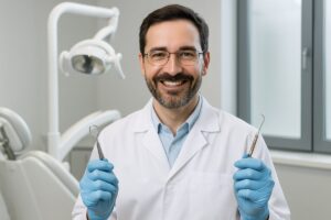 A friendly "dentist dentist" smiling and looking directly at the camera, holding dental tools, in a modern dental office. No text on the image.