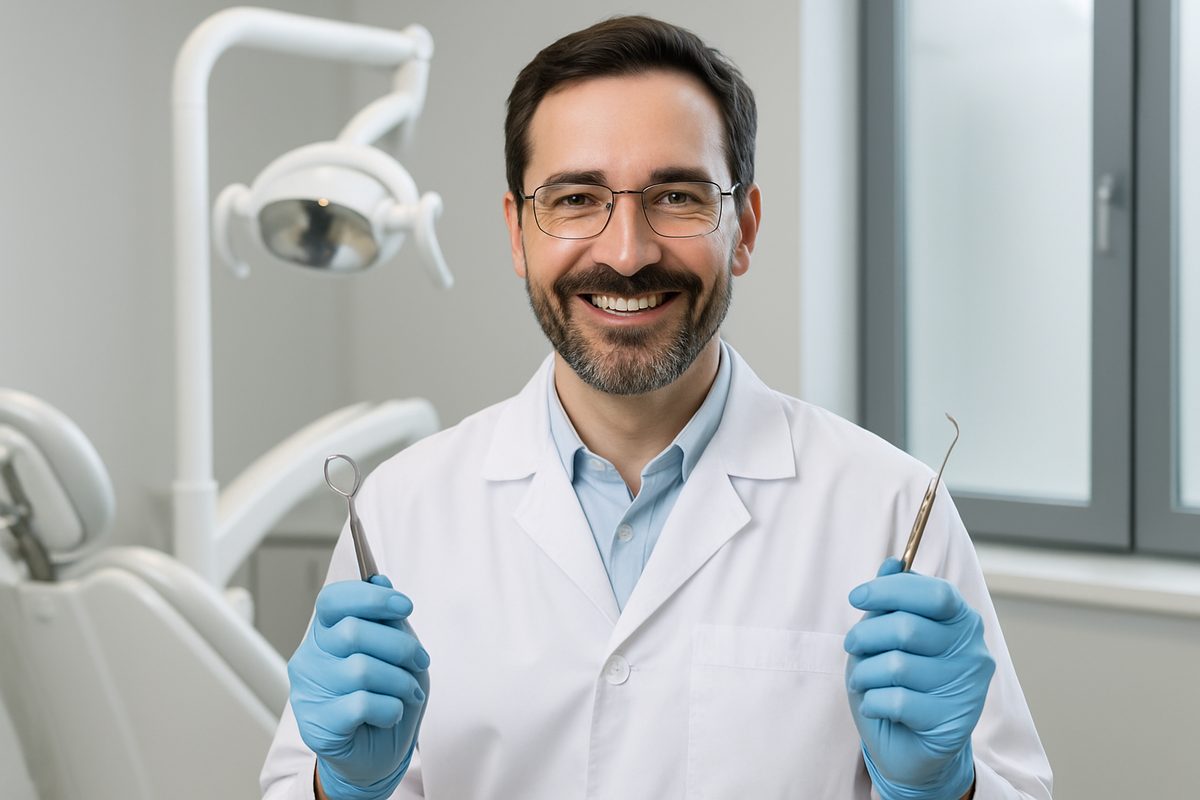 A friendly "dentist dentist" smiling and looking directly at the camera, holding dental tools, in a modern dental office. No text on the image.