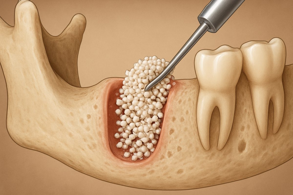 Close up animated image of a jaw bone with missing teeth. Bone graft material is being added to the bone to increase the bone mass. No text on image.