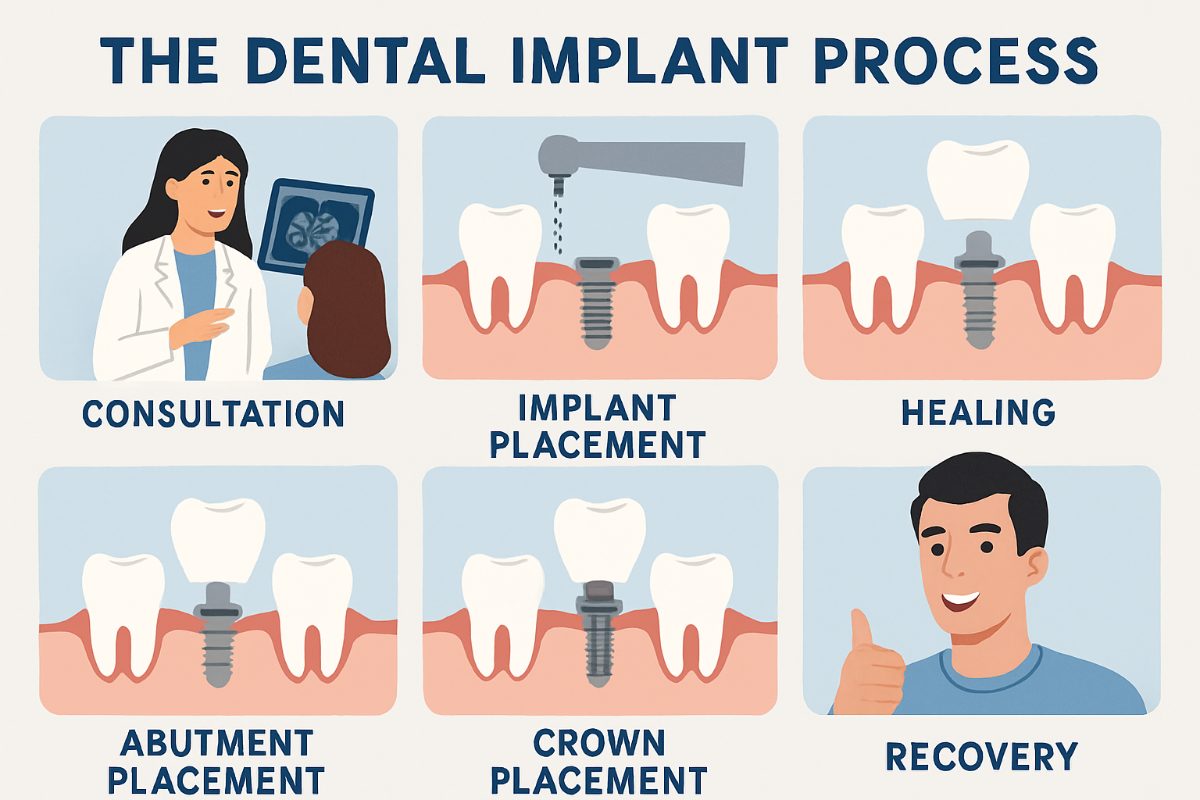Image showcasing the 5 steps of the dental implant process: Consultation, Preparatory Treatments, Implant Placement, Healing, and Abutment and Crown Placement. No text on the image.