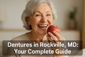 Smiling senior woman with well-fitting dentures confidently eating an apple. The text on the image reads "Dentures in Rockville, MD: Your Complete Guide".